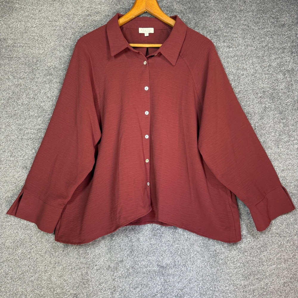 Status by Chenault Blouse Womens XL Burgundy Button Down Raglan Long Sleeve Top